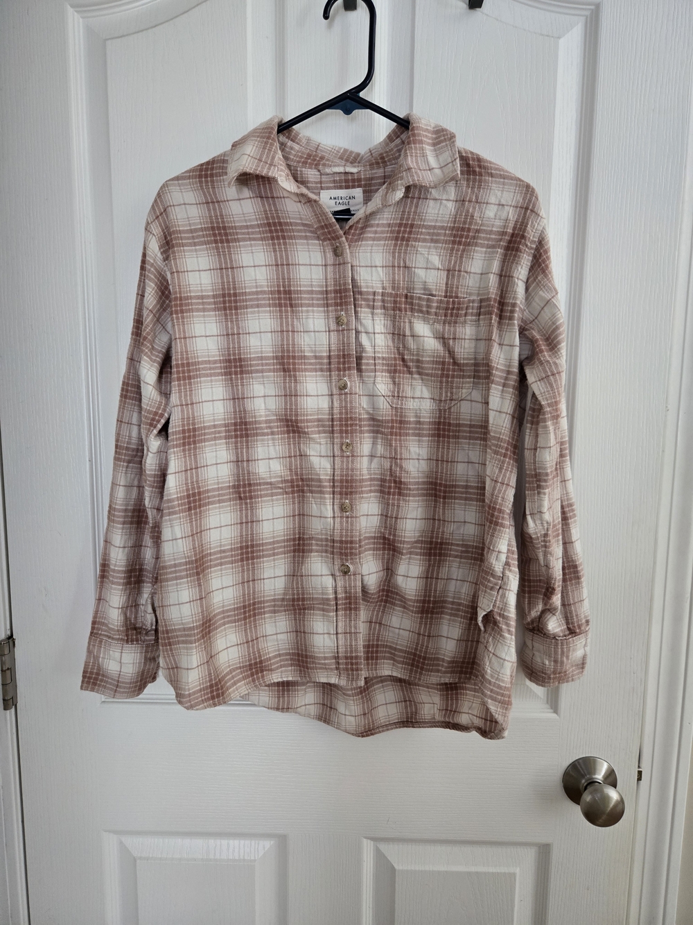 American Eagle Outfitters Men's Rust and White Plaid Button-Down Shirt
